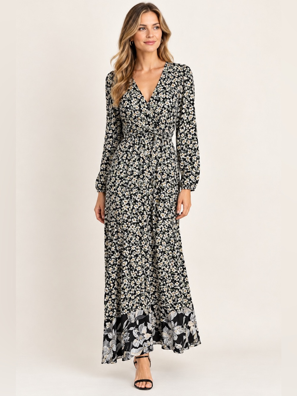 Billabong Floral Maxi Dress Black White Long Sleeve Boho Medium